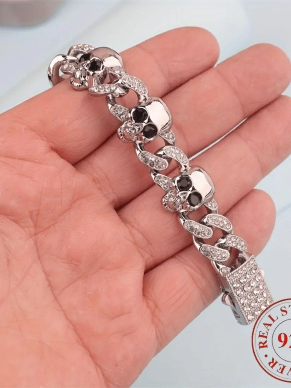Mens S925 silver gothic skull bracelet Silvery daily wear